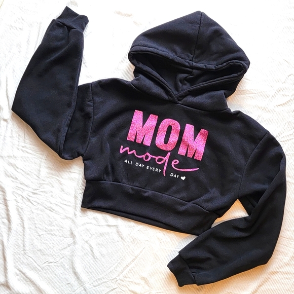 SHEIN Tops - Glittering Mom Mode Cropped Hoodie Black with Pink Glitter